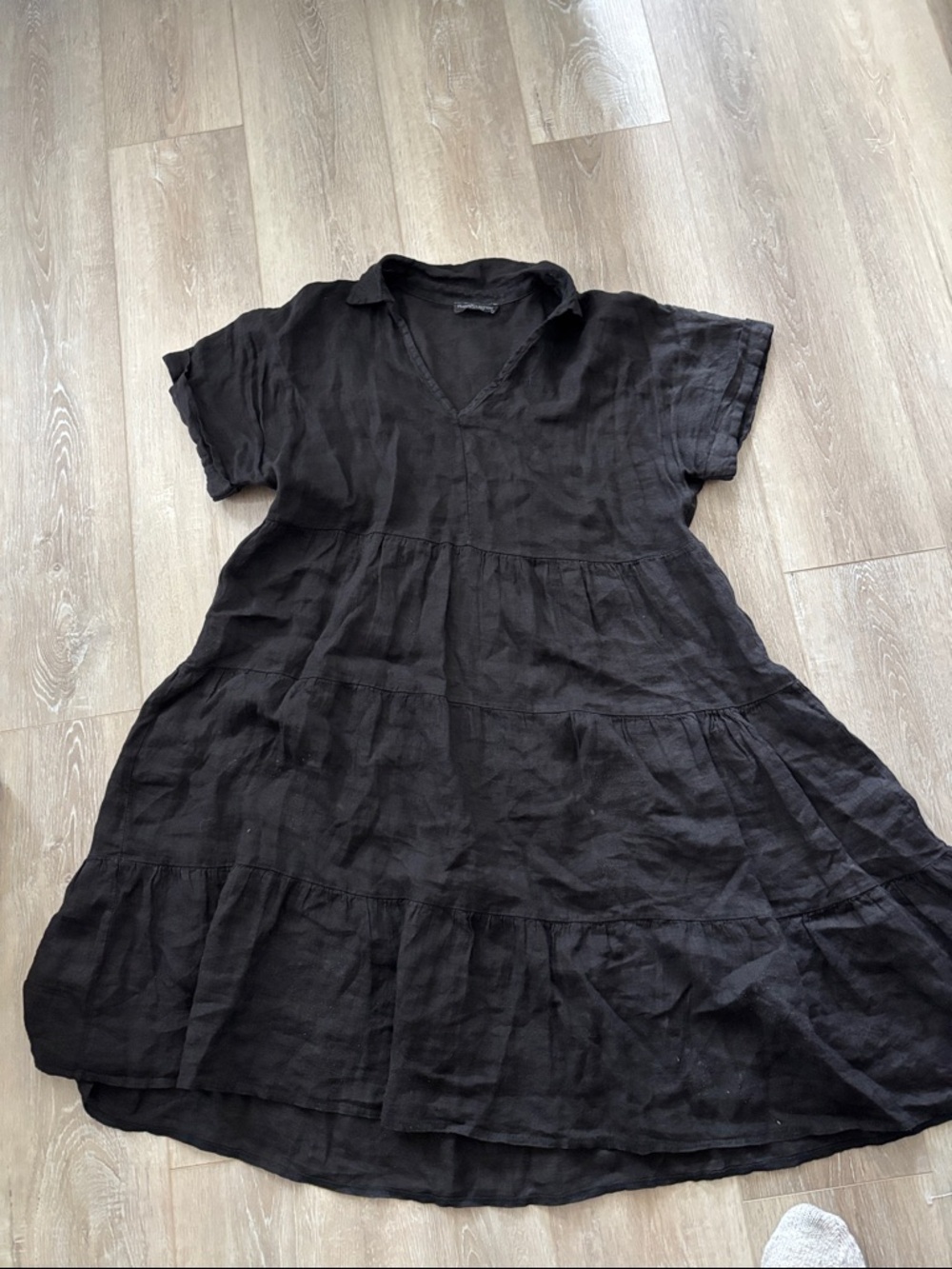 Classic Black V-Neck Tiered Midi Dress - Women's 100% Linen - Picture 4 of 6